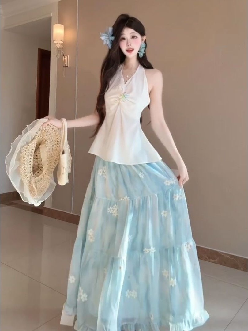 Midi Skirt Floral - French Riviera Vacation Style Beachy Floral